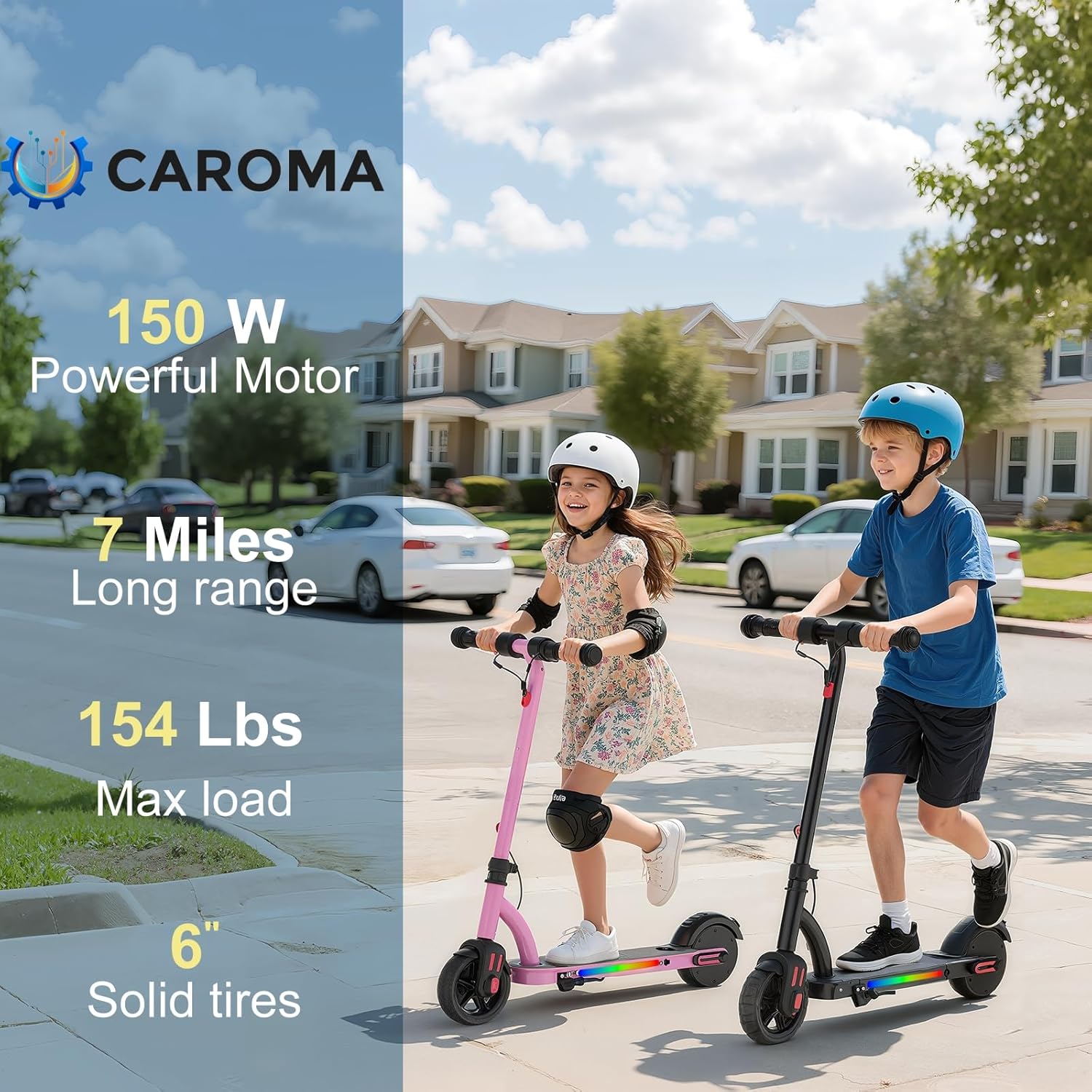 Caroma Electric Scooter for Kids Ages 6-14, 150W/180W Motor,10 MPH Max Speed & 7 Miles,Adjustable Height & Speed,Colorful Lights,LED Display,Foldable Kids Electric Scooter 132 Lbs Max Load - Image 2