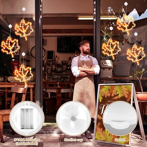 Miniatura 2 de Decoraciones de ventana de otoño, 3 piezas de hojas de arce decoración de otoño luces naranjas con ventosa, temporizador, luz de silueta a pilas