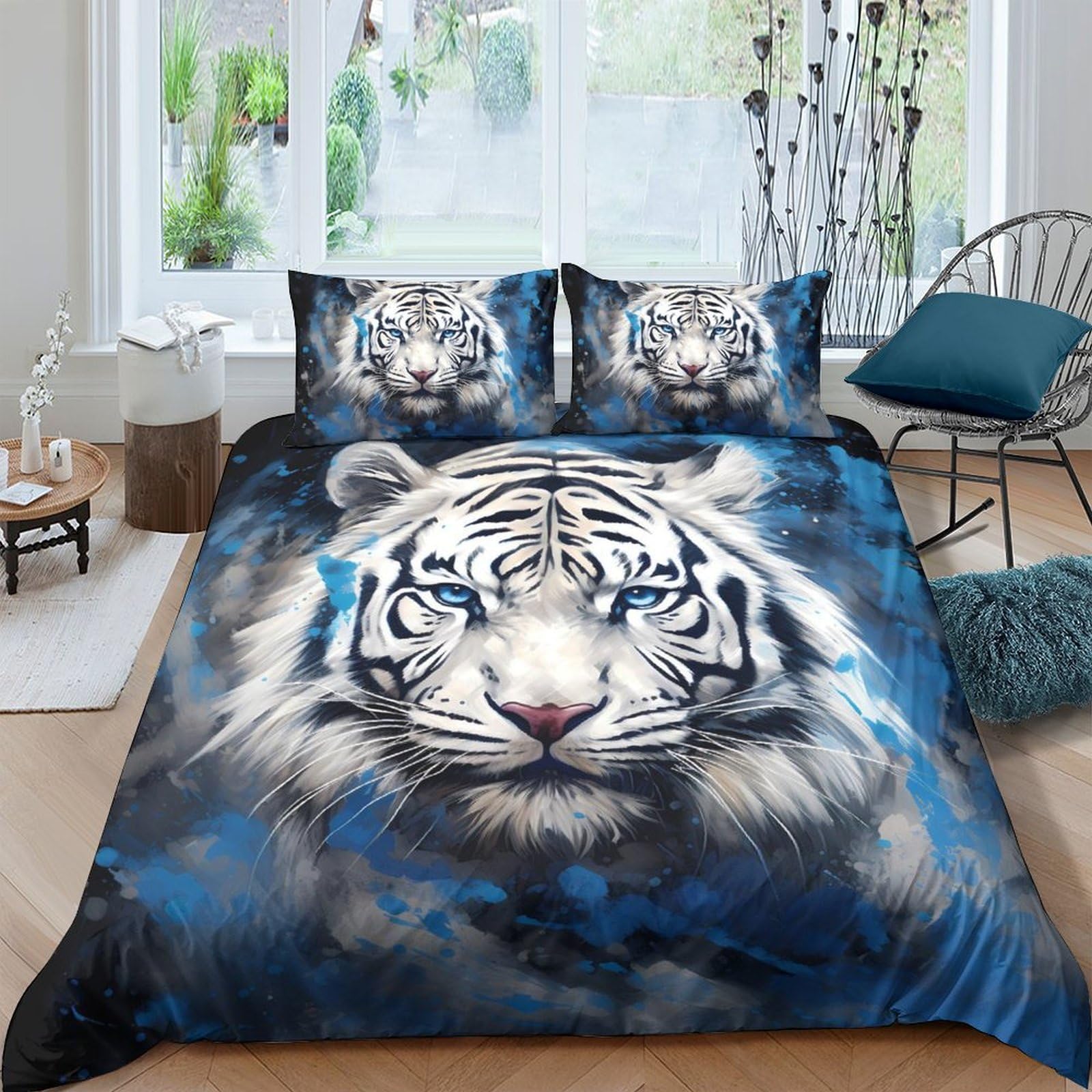 Ctjqhvkz Style-7 3D Printed White Tiger Fitted Sheet Microfiber Soft Blue Artistic Wild Animal Bed Cover For Bedroom Dorm Decor Mattress Protection Single（135X200cm）