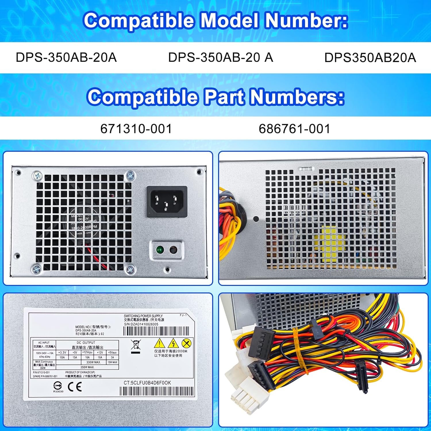 S-Union Upgraded DPS-350AB-20A 350W ATX Power Supply PSU Compatible with HP ProLiant ML310e G8 671310-001 686761-001 DPS-350AB-20 A Power Supply