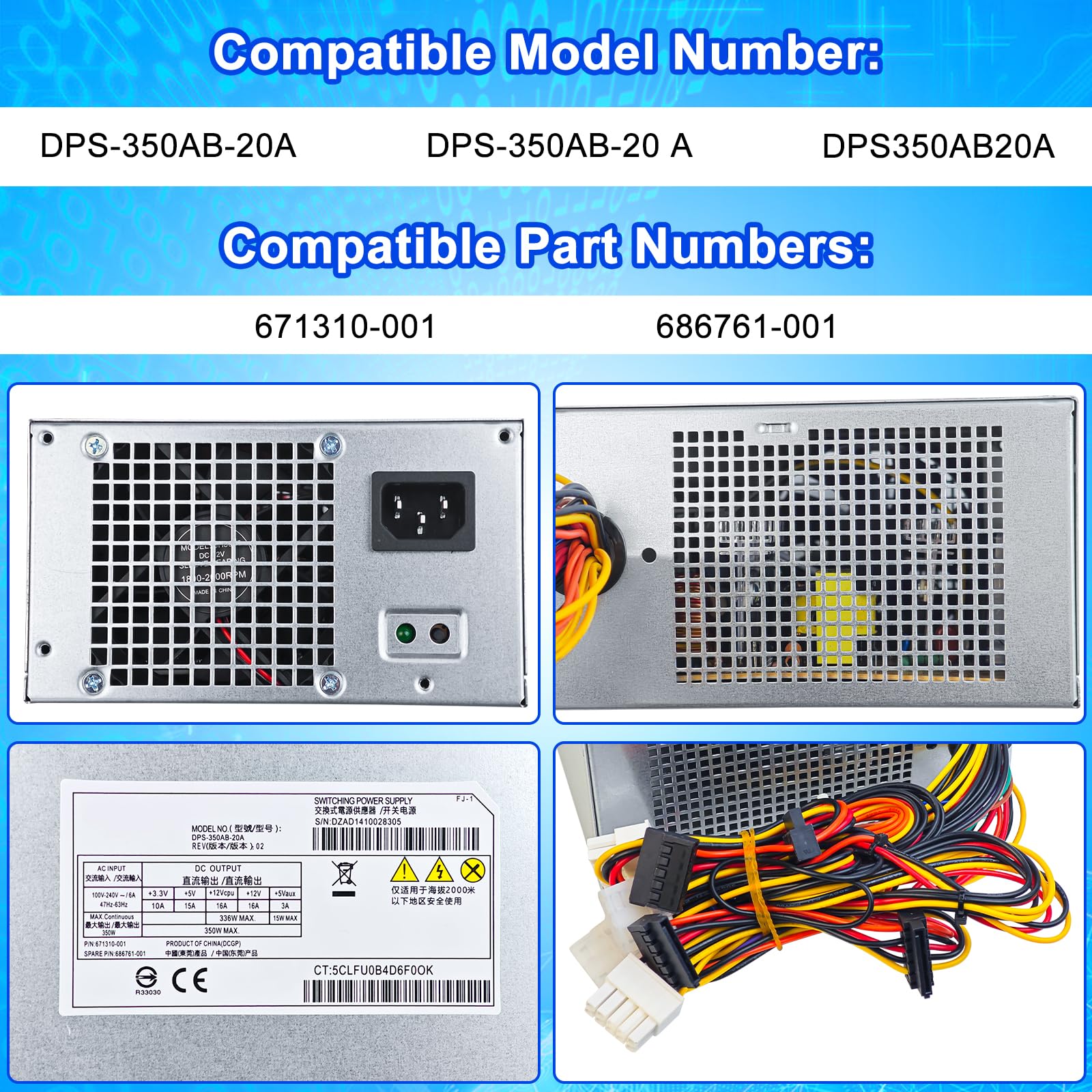 S-Union UPGRADED DPS-350AB-20A 350W ATX Netzteil PSU Kompatibel mit HP ProLiant ML310e G8 671310-001 686761-001 DPS-350AB-20A Netzteil
