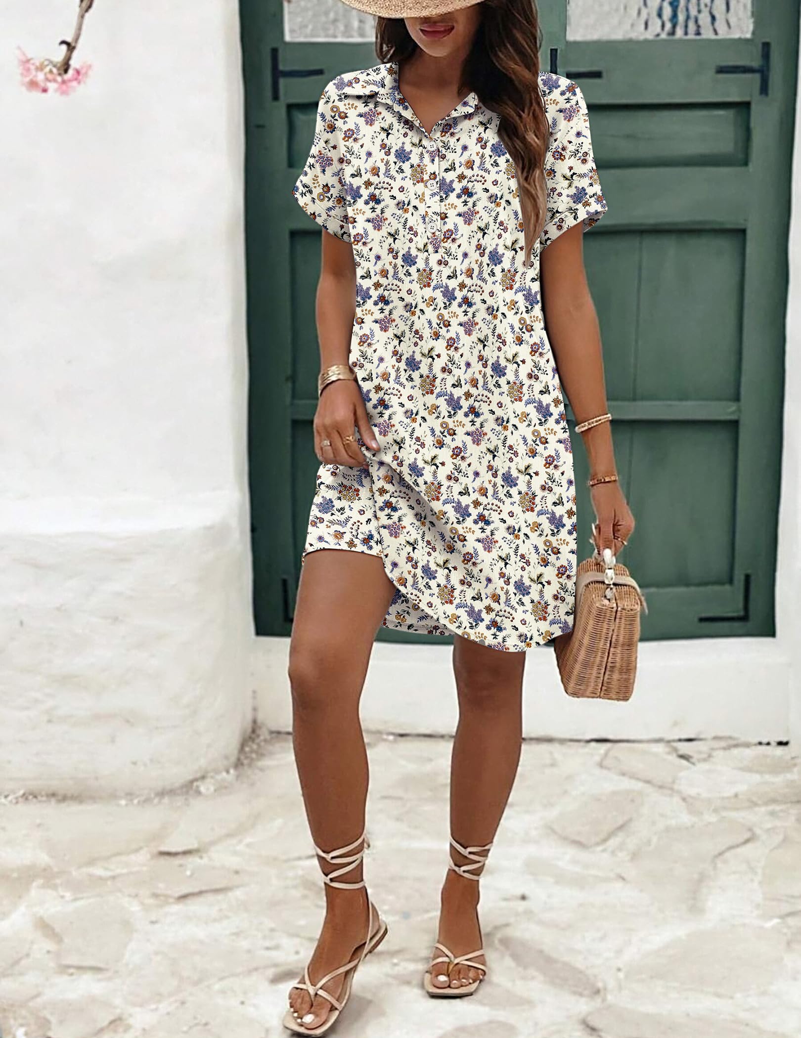 Zeagoo Vestido camisero de algodón para mujer, de verano, casual, de manga corta, con botones, para la playa, con bolsillos
