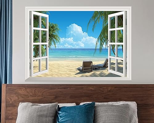 Miniatura 5 de FLFK Adhesivo de pared falso para ventana, mural de pared de ventana de playa de verano para decoración de pared, calcomanías de pared para pegar y