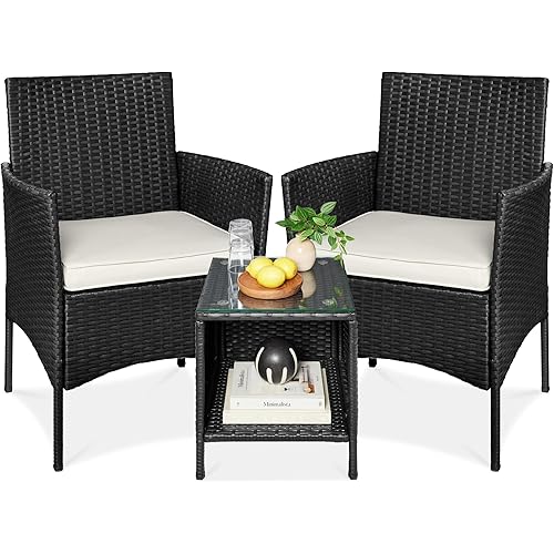 Best Choice Products 3-Piece Outdoor Wicker Conversation Bistro Set, Space Saving Patio Furniture for Garden w/Side Table - Black/White Sand