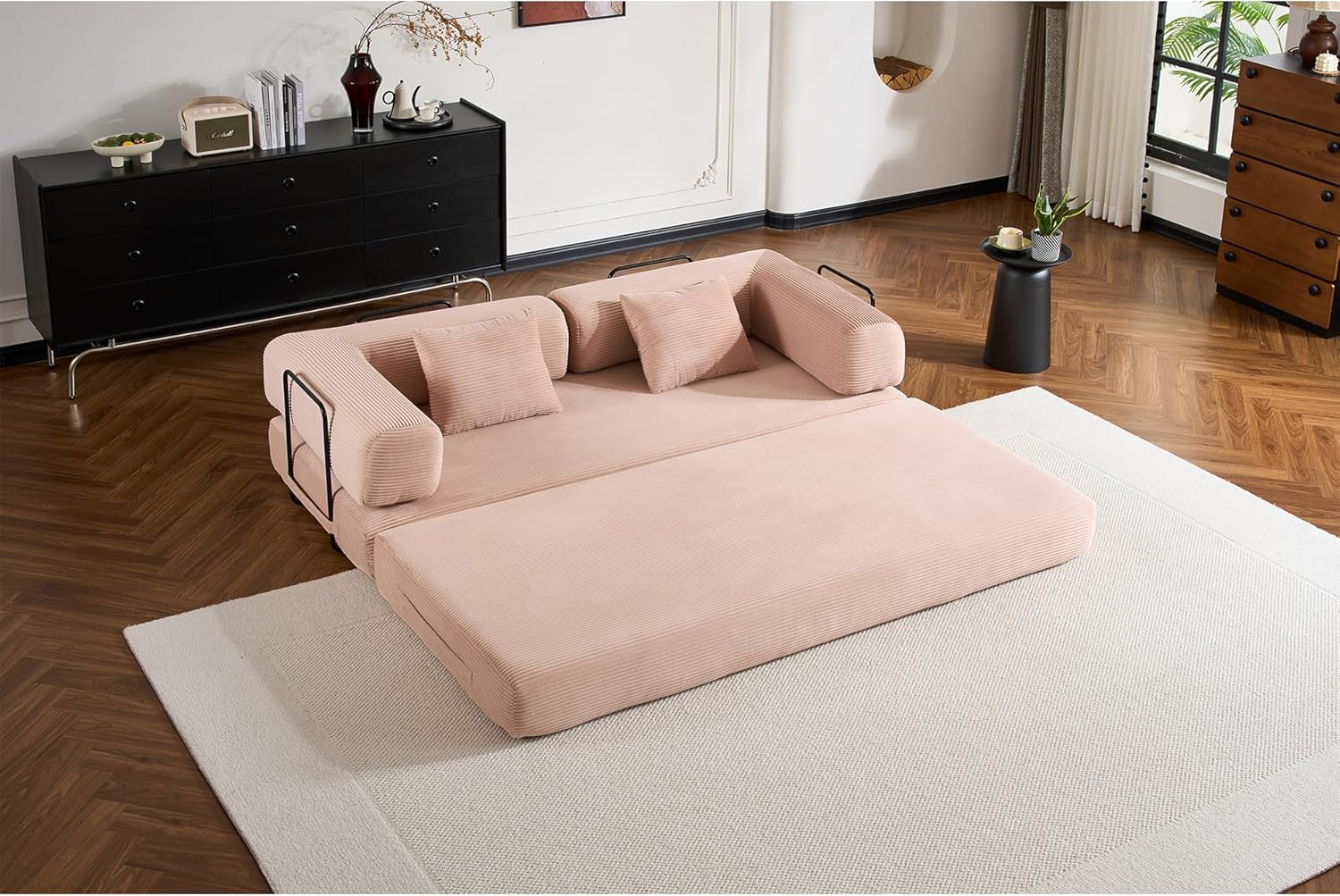 78 Inch Boneless Couch, 4-in-1 Folding Convertible Sofa Bed,Corduroy Loveseat Sleeper with Pull Out Bed, Floor Sofa Modular Futon Couch for Living Room Bedroom Lounge (Pink)