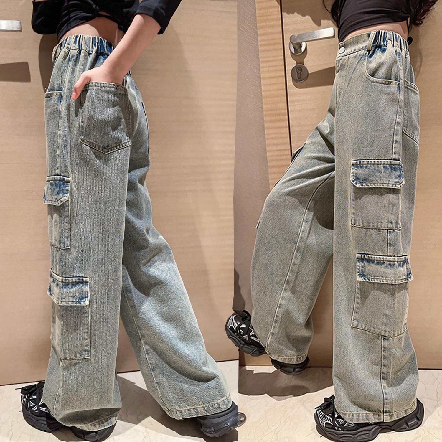 Girls Baggy Cargo Jeans Y2K Kids Wide Leg Hip Hop Loose Casual Trousers Size 6-14 Years