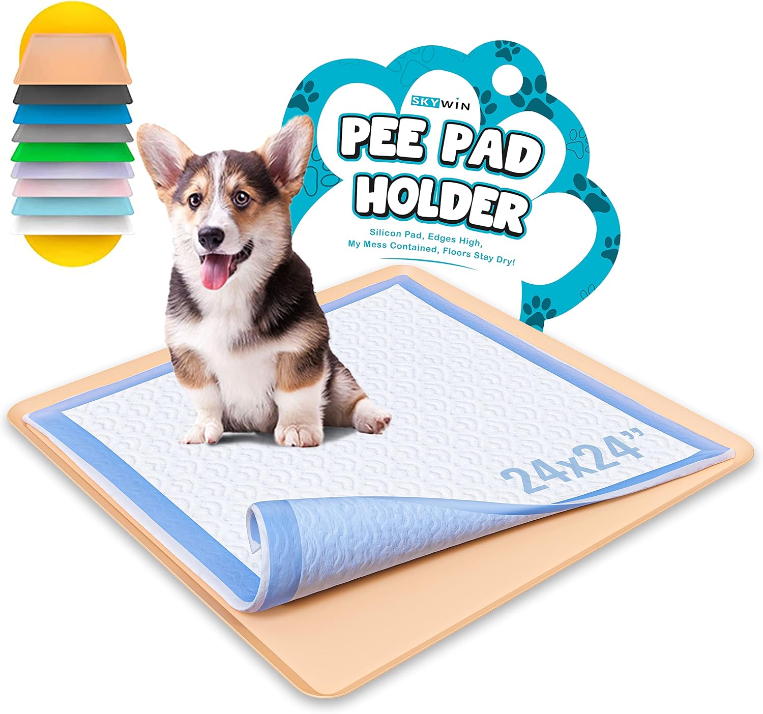 Skywin Dog Puppy Pad Holder Tray - Silicone, 24x24 Inches No Spill Pee Pad Holder for Dogs - Pee Pad Holder Works with Most Training Pads, Easy to Clean and Store (Beige)