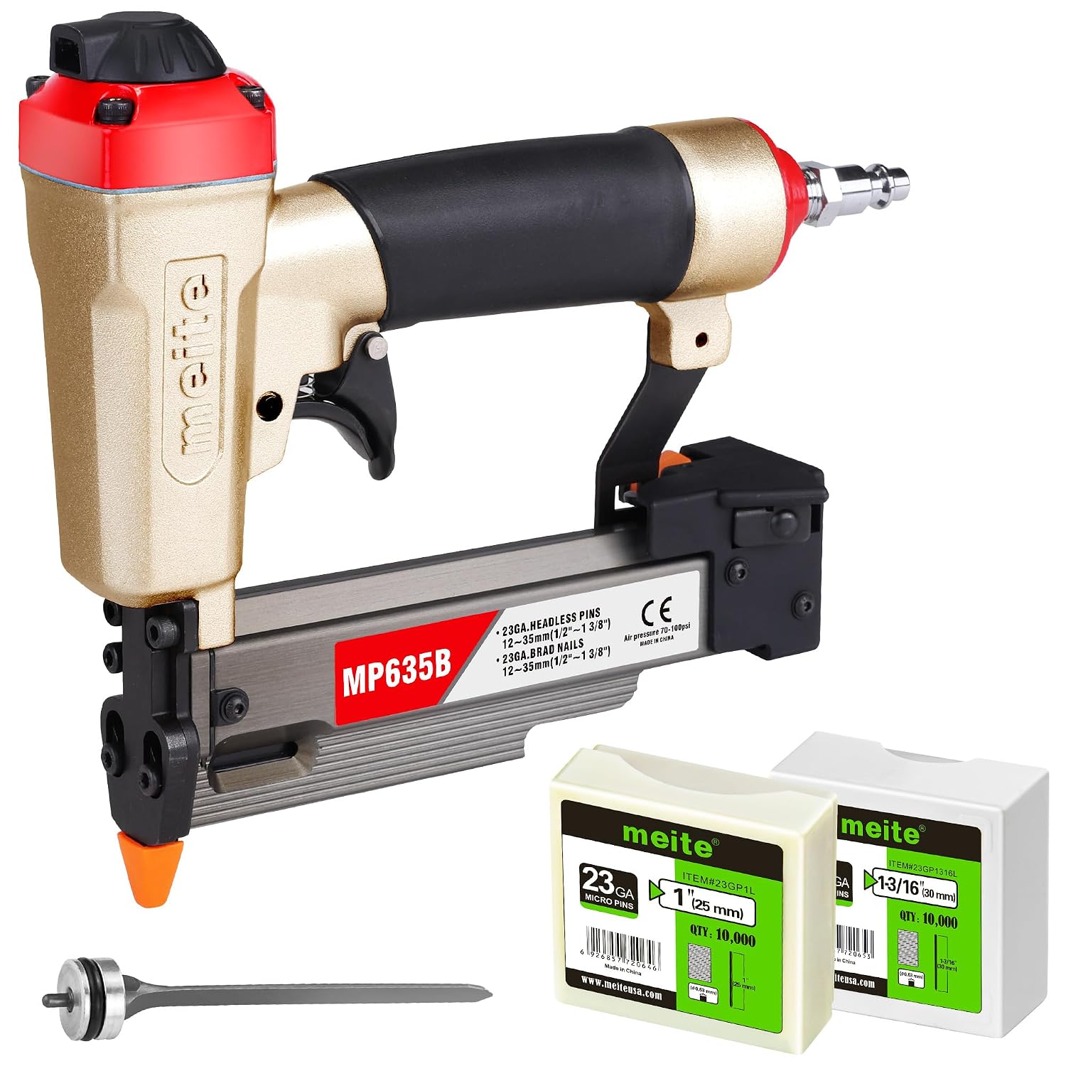 meite MP635B Pin Nailer with 20000pcs (1", 1-3/16") Nails, Pneumatic 23 Gauge Pin Nailer, 1-3/8" Air Micro Pinner Nail Gun, Ideal for Paneling, Small Trim