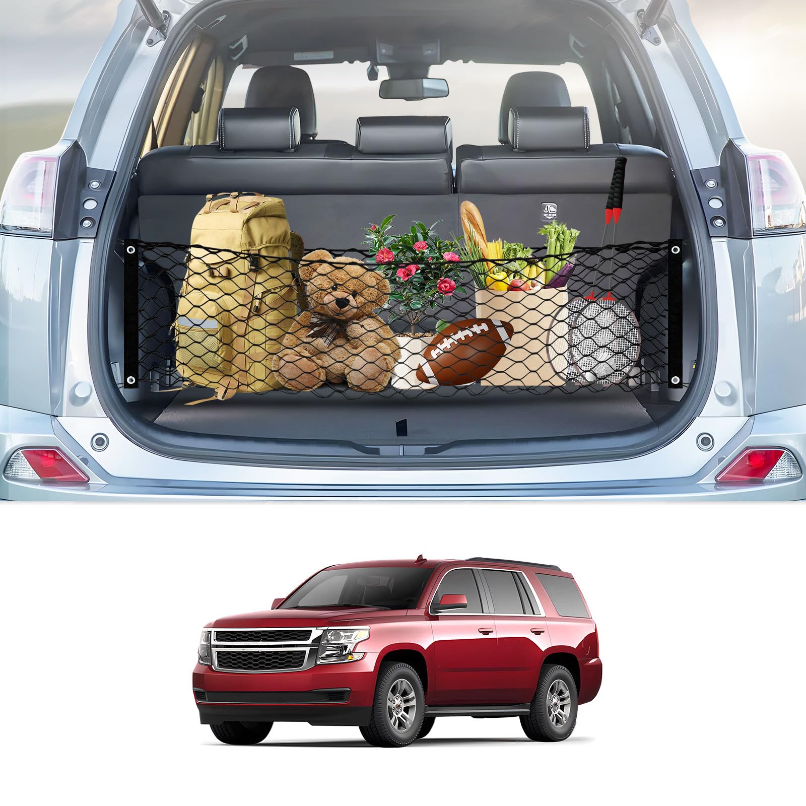Cargo Net for Chevy Tahoe/GMC Yukon/Suburban 2015-2020, Karltys Trunk Net for Chevrolet Tahoe Accessories Envelope Style Netting with Metal Hooks, Highly Elastic Trunk Cargo Organizer for Yukon