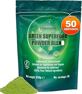 Super Greens Powder Blend - Vitamin Mineral Nutrient Rich - Immune System & Energy Boost - Vegan Vegetarian Superfoods Supplement Alkaline Fullly Natural Gluten Free Detox- 250g 50 Servings, Evanmore