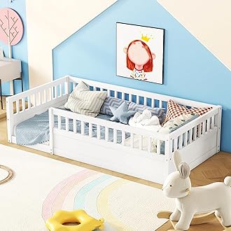 Kids Montessori Floor Bed,Twin Size Floor Bed with High Fence and Door,Twin Bed Frame with Guardrails for Kids,Girls,Boys,Twin,White