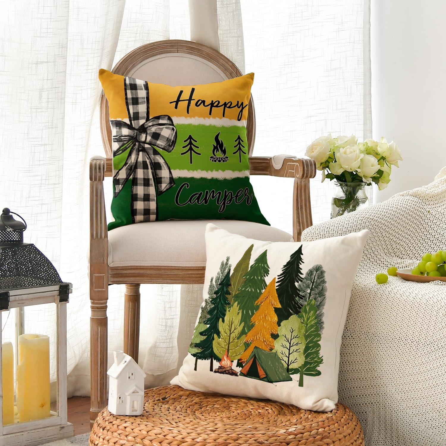 AVOIN colorlife Happy Camper Life Laugh Camp Tree Throw Pillow Covers, 18 x 18 Inch Campfire Cushion Case Decoration for Sofa Couch Living Room Home Decor Set of 4 - Image 3