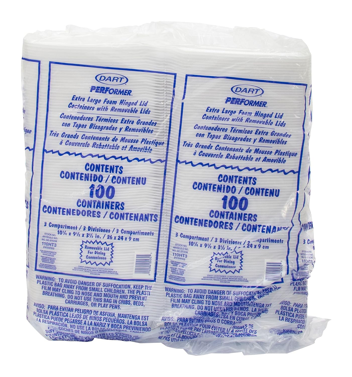 DART 10.3 Inch Three-Compartment White Foam Hinged Container with Removable Lid, 110HT3 (200 Count)