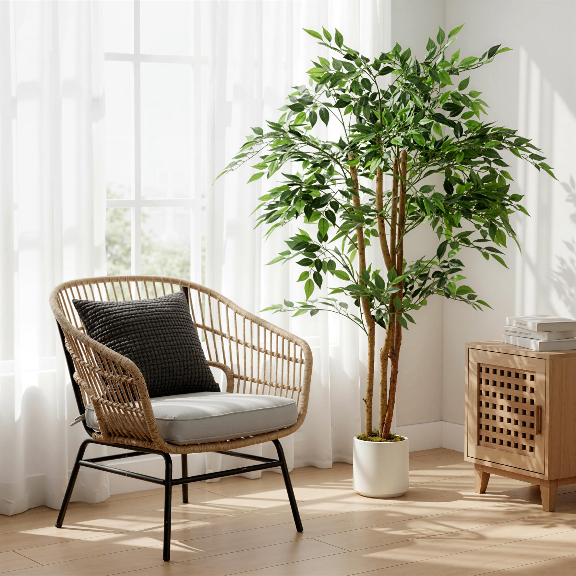 HOMCOM Pianta Artificiale di Baniano con Rami Orientabili e Vaso Contenitore Bianco in PP e Cemento, Pianta Verde in PEVA e Legno, per Interno, Ufficio, Soggiorno, Camera da Letto, 65x65x150 cm