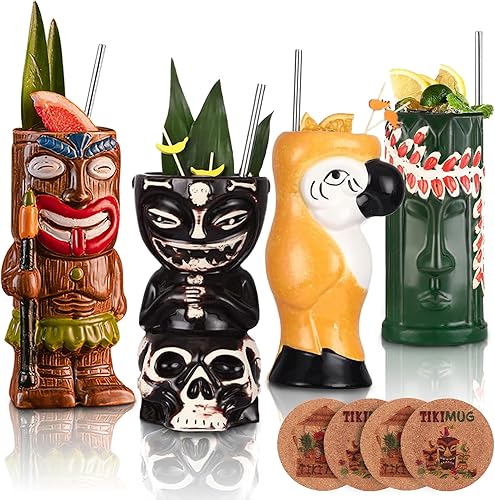 Miniatura 1 de Juego de 4 tazas Tiki para cóctel, vasos Tiki de cerámica con pajitas y posavasos. Vasos de cóctel exóticos para fiesta hawaiana, vasos tropicales