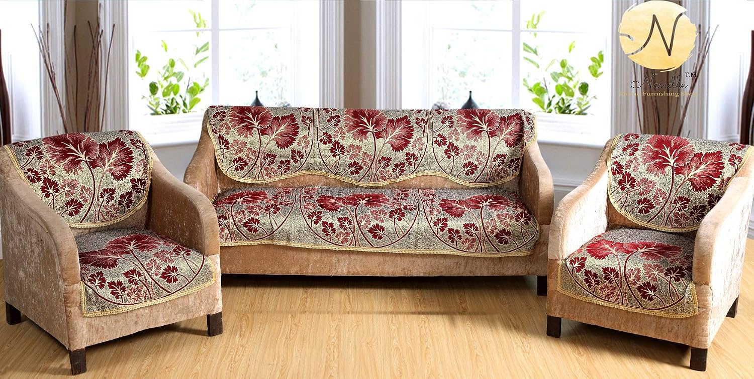 Nendle Poly Cotton Flowered 3+1+1 Seater Sofa Cover Set (Maroon, 69 Inch x 27 Inch)
