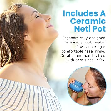 Baraka Sinus Ayurvedic Care Bundle - Includes Handcrafted Ceramic Neti Pot, French Atlantic Grey Neti Salt (2-oz), Dry Nose Oil (1-oz), for Sinus Relief, Hydrates Nasal Passages, Lightweight - Blue