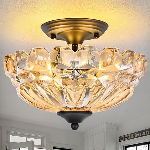 Lámpara de Techo Semiempotrada, Accesorios de Iluminación de Techo de Cocina de 3 Luces con Pantalla de Vidrio Ámbar, Candelabro Moderno Dorado para