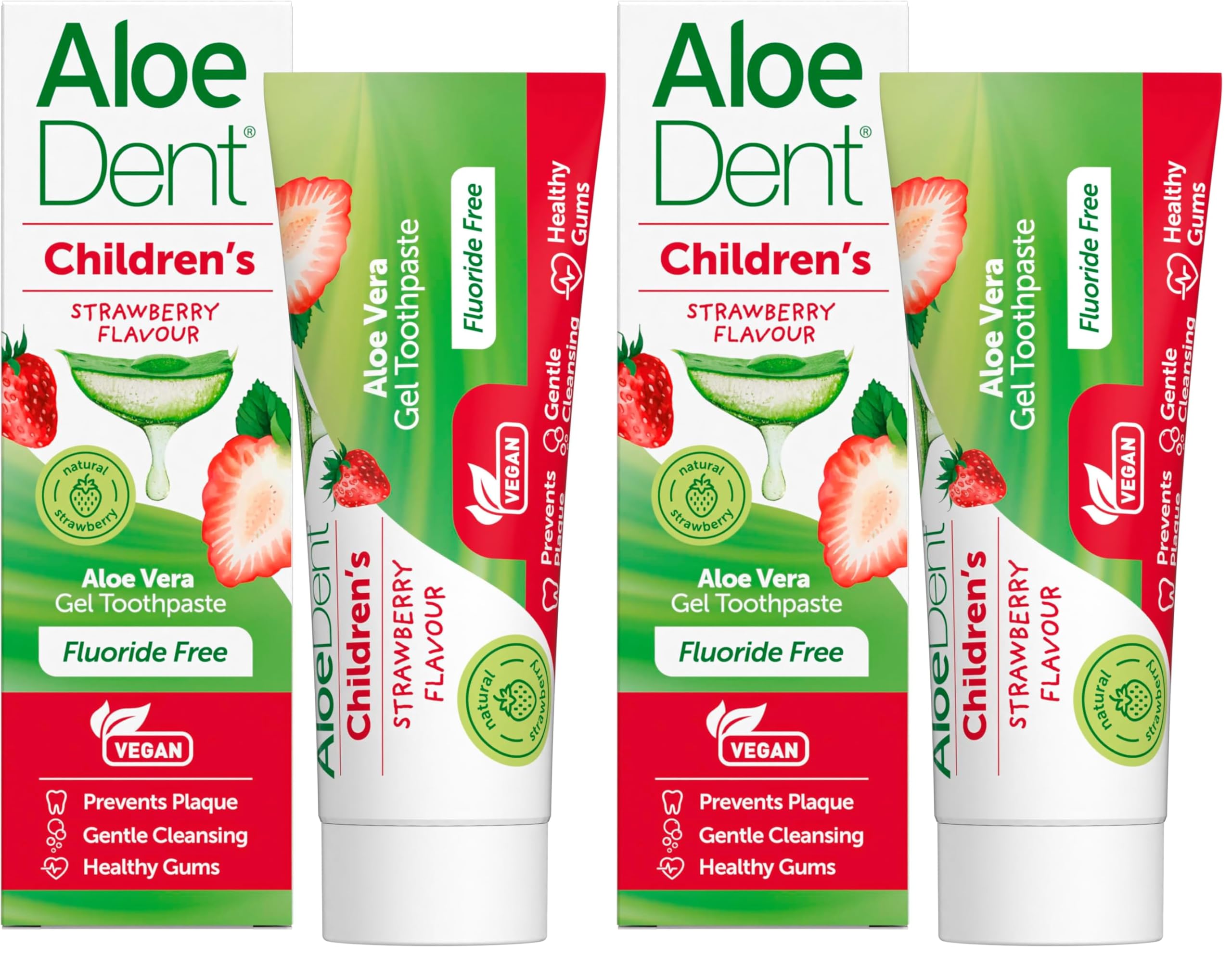 Children's Aloe Vera Toothpaste Fluoride Free, Natural Action, Vegan, Cruelty Free, SLS Free, Strawberry Flavour, Healthy Gums, 50 ml (Pack of 2)