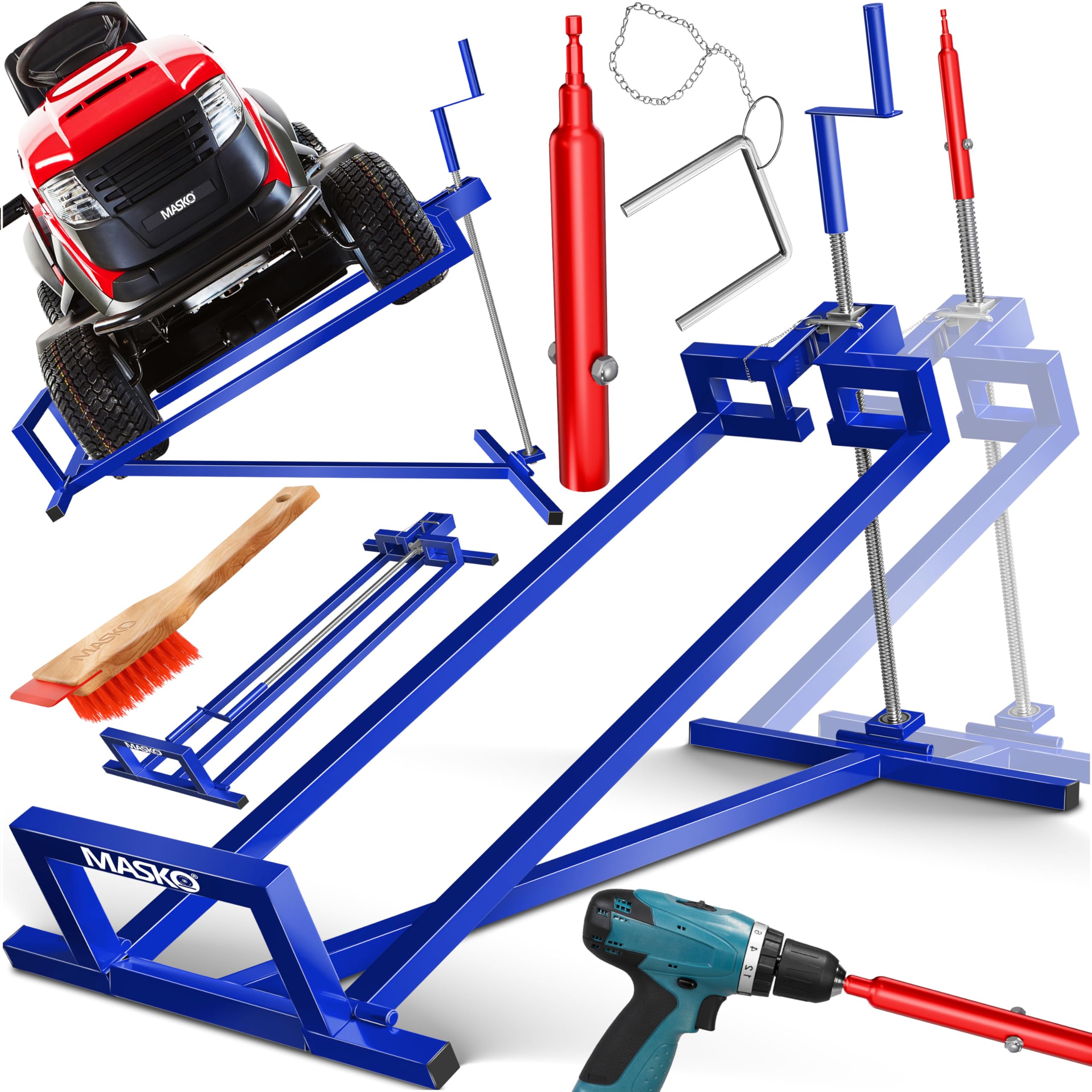 MASKO® XXL Rasentraktorheber 450 kg Hebevorrichtung Hebebühne Aufsitzmäher Reinigungshilfe universal, Rasentraktor-Heber, +45° Neigung verstellbar inkl Adapter, Handkurbel, Handschuhe & Bürste Blau