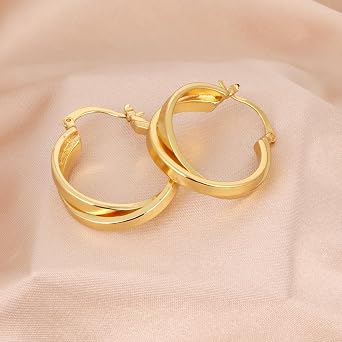 Gold Twisted Double Layer Hoop Earrings, Women's Creole Earrings, Sterling Silver 925 Post Earrings, Modern Women's Jewelry for Everyday Wear, Valentine's Day, Birth