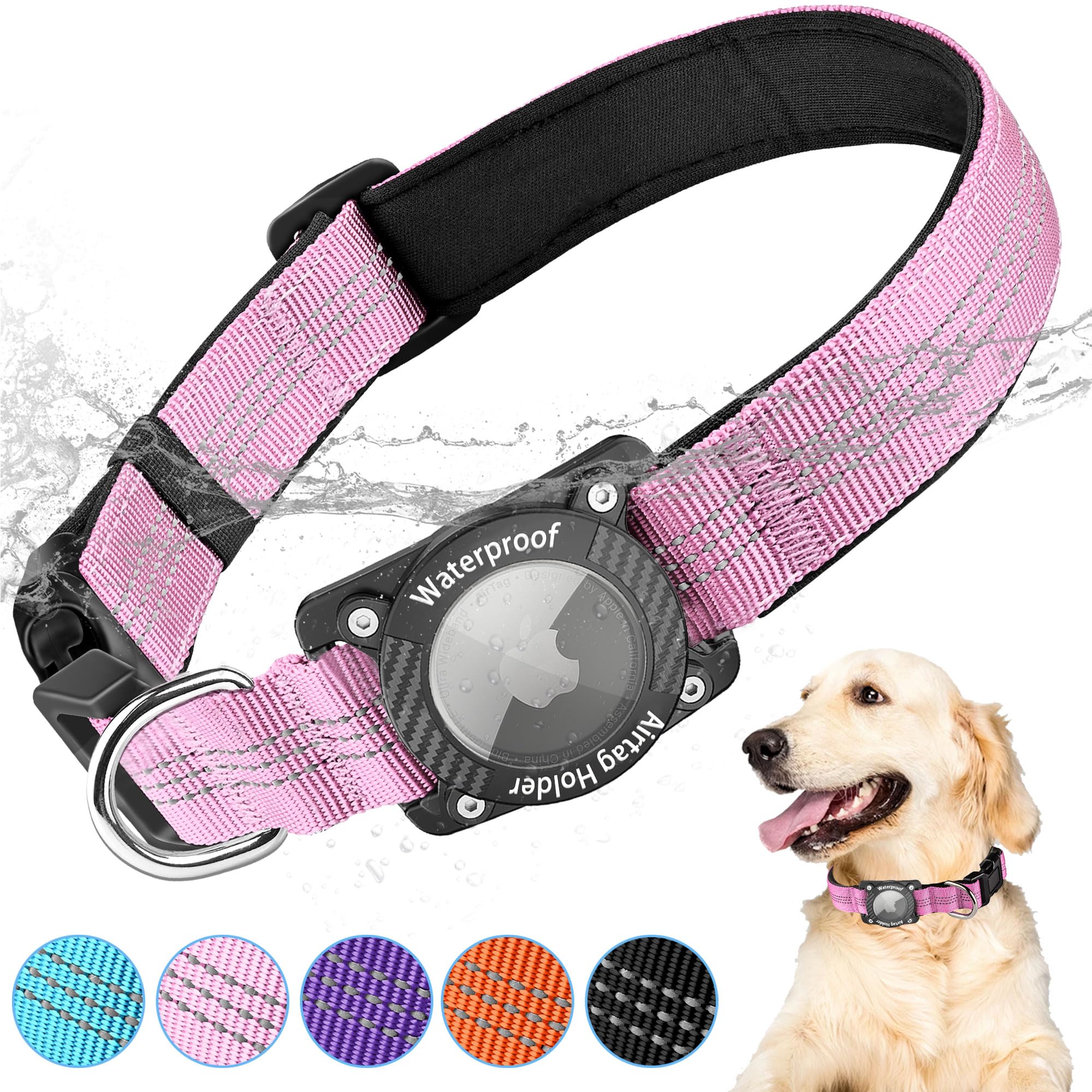 AirTag Dog Collar, IPX8 Waterproof Air Tag Dog Collar Holder, Reflective, Durable, Comfortable Padded GPS Collars for Small Medium Large Dogs, Pink, S
