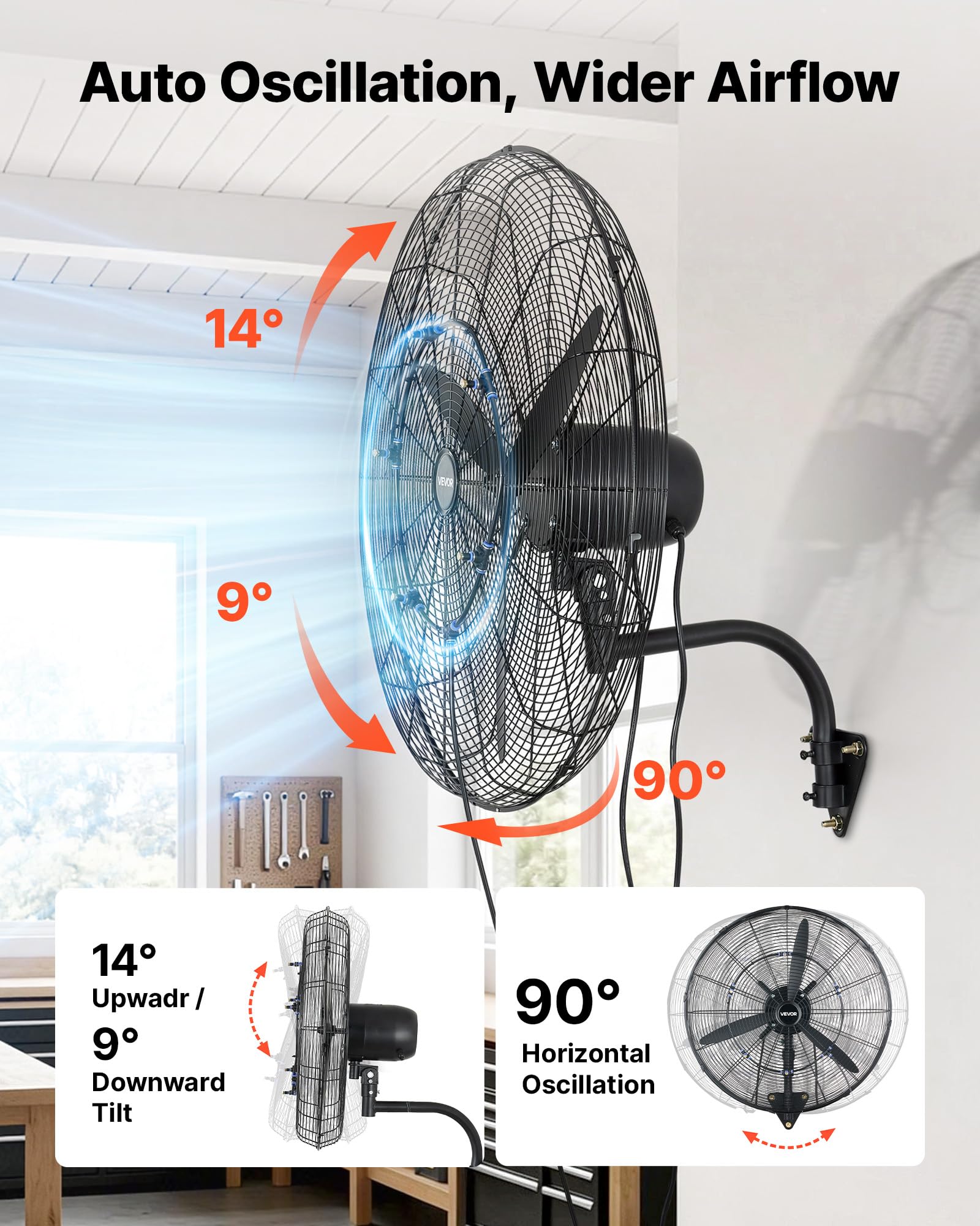 VEVOR Ventilateur Mural Industriel Brumisateur 76 cm, Ventilateur Oscillant pour Atelier, Garage, Entrepôt et Salle de Sport, Protection IP44, 3 Vitesses, Angle Réglable, Pales en Alu, Grille en Acier