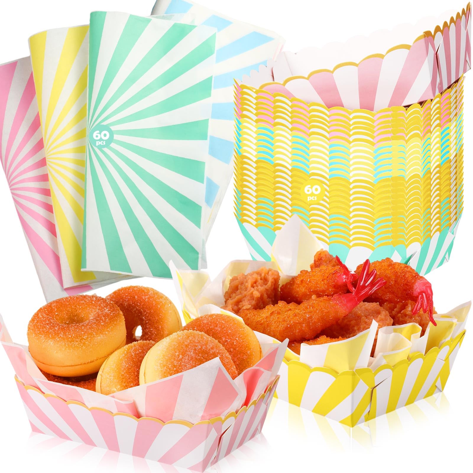 Dunzoom 60 Sets Pastel Paper Food Trays with Grease Resistant Wax Deli Paper Sheet Pastel Christmas Party Supplies Disposable Food Boats with