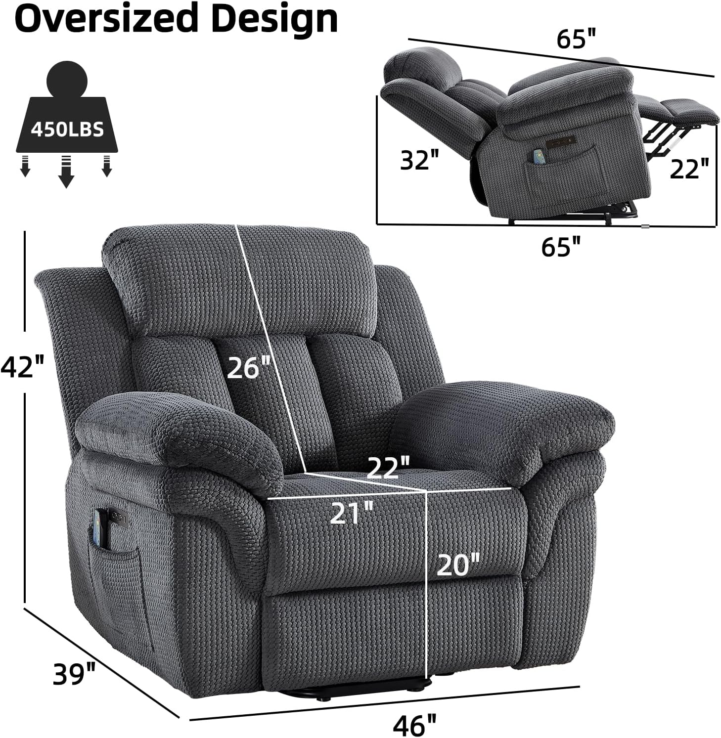 CANMOV 46" Wide Oversize Power Lift Recliner Chair, Extra Large Electric Lift Recliners for Elderly Big, Stand Up Recliner Chair with Massage and Heat, USB and Type-C Ports, Grey
