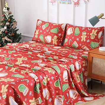 Vaulia Soft Microfiber Sheets, Print Christmas Tree Gingerbread Man Santa Candy Cane Pattern Christmas Stocking Holidays, 4-Piece Set 1 Fitted Sheet 1 Flat Sheet 2 Pillowcases Red Color, Full Size