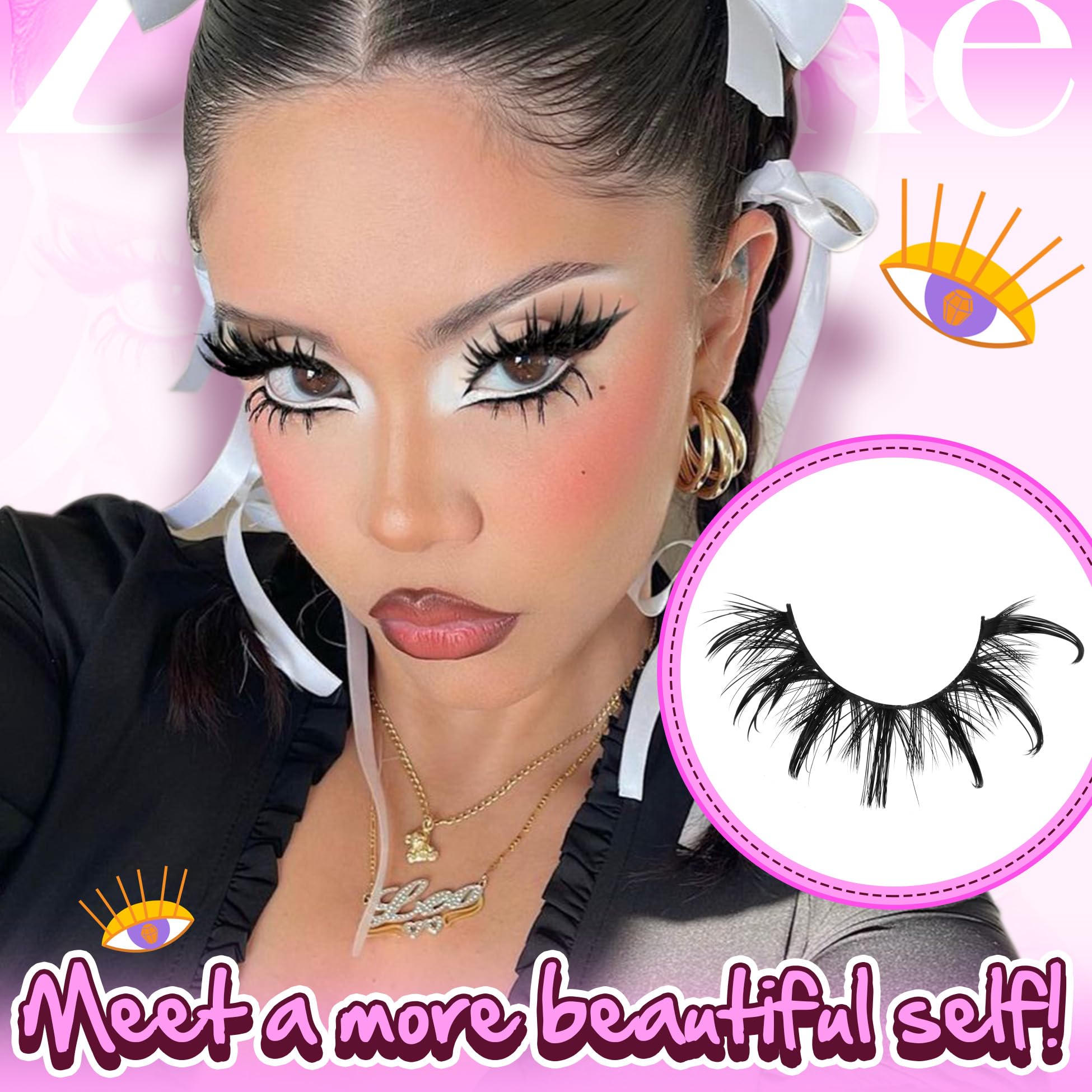 Zegaine D Curl Cat Eye False Lashes - Dramatic Manga Style Wispy Spiky Eyelashes for Cosplay - Wet Look Thai Anime 12-20MM 9 works - Image 4