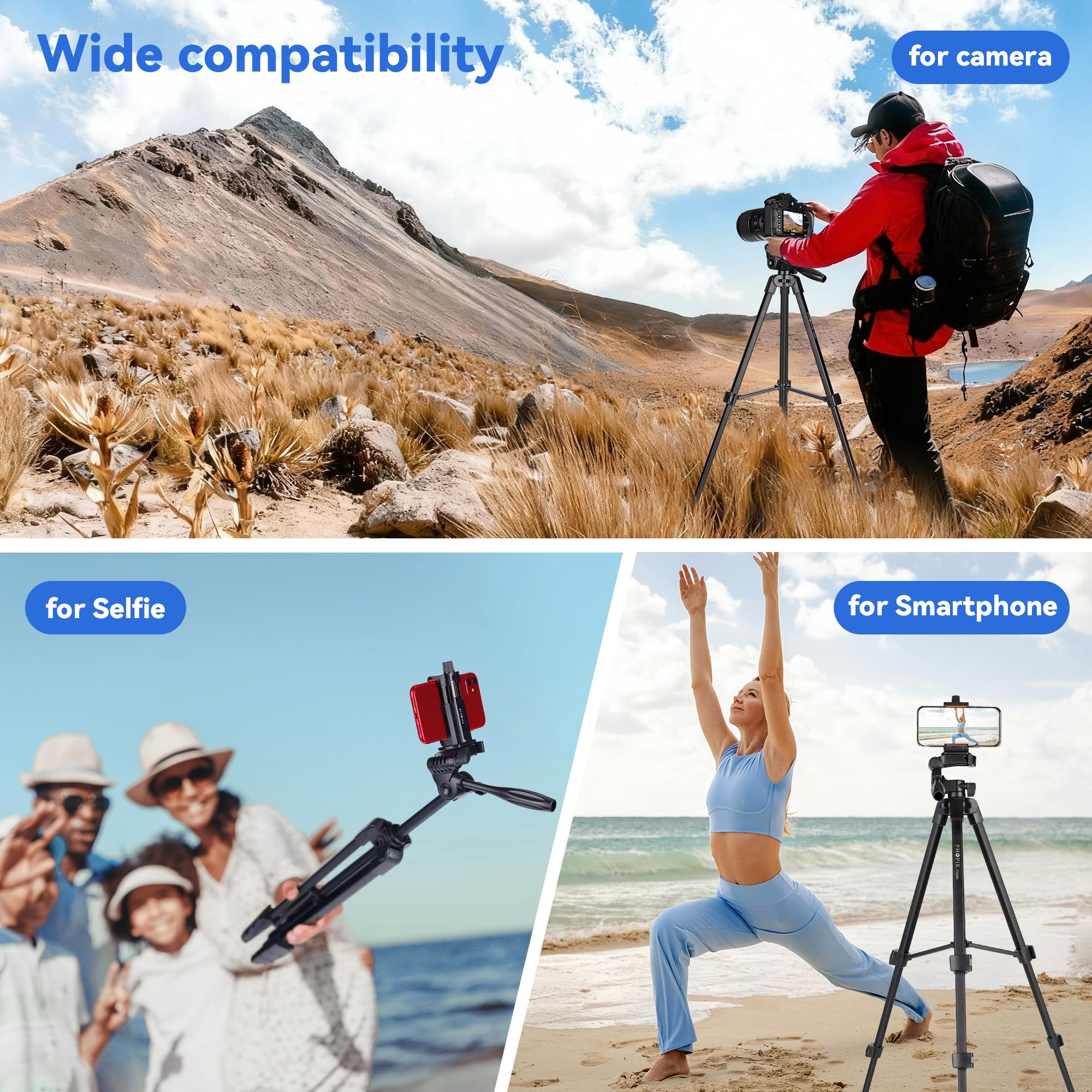 55" Phone Tripod, PHOPIK Aluminum Extendable Tripod Stand with Shutter, Carrying Bag, Compatible with iPhone/Android/Sport Camera&Insta 360 x5 Perfect for Video Recording/Selfies/Live Stream/Vlogging — Amazon image 3
