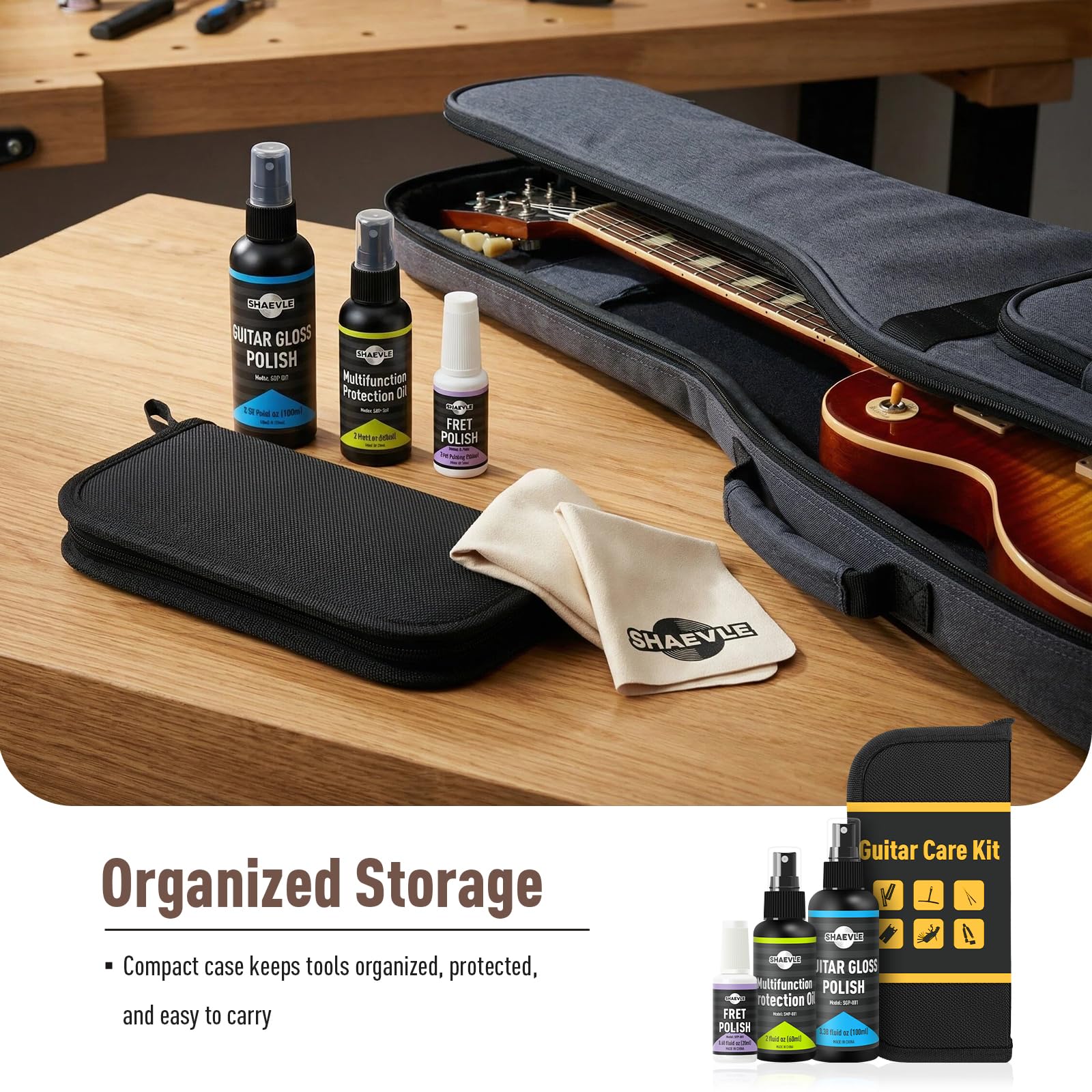 Kit di pulizia e riparazione per chitarra - Olio per chitarra, smalto lucido, lucidante per tasti, strumenti per liuteria, borsa - Manutenzione e configurazione per ukulele e basso