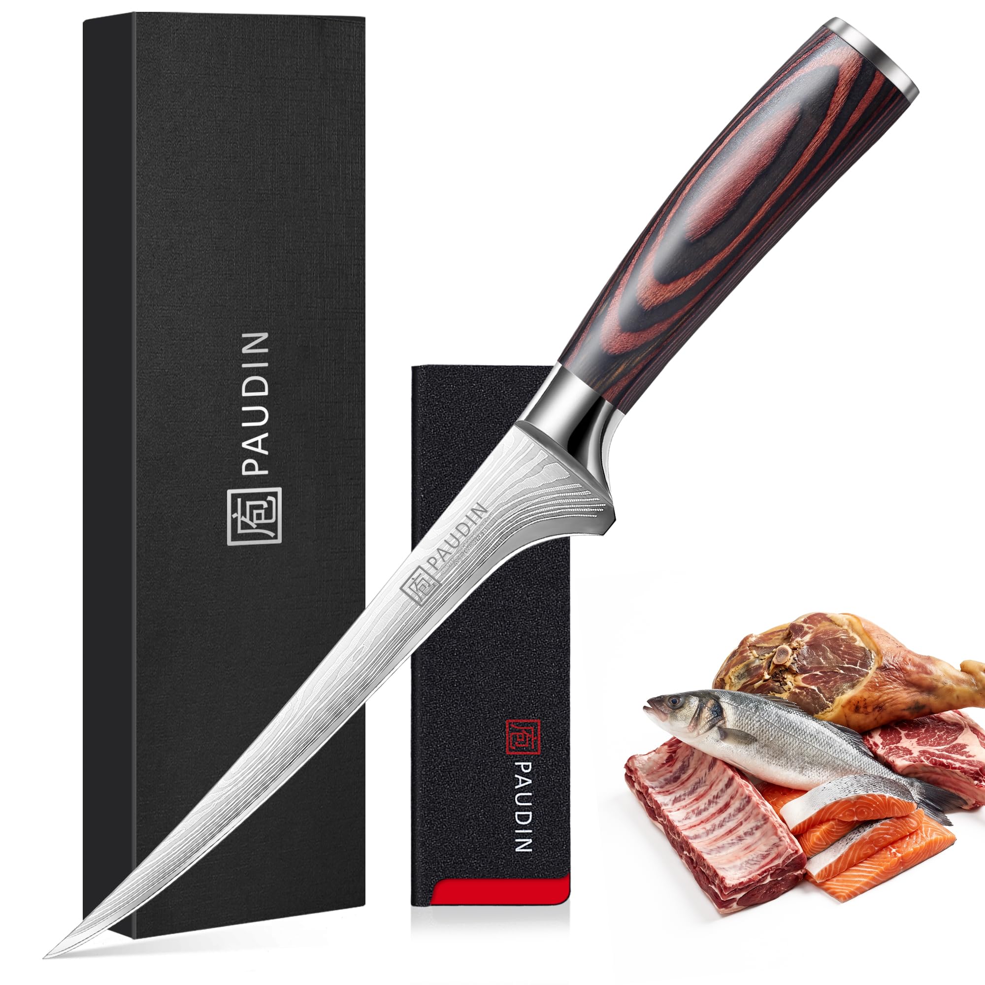 PAUDIN 18cm Profi Filetiermesser Fischmesser mit komfortablem Holzgriff | 5Cr15MoV Hochkohlenstoffstahl, 15° Doppelschneide, rostfest & langanhaltend scharf für Fisch und Fleisch