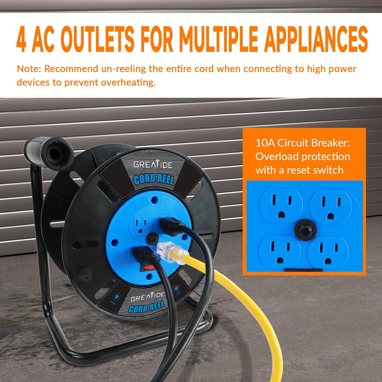 Heavy Duty Extension Cord Storage Reel, 4 Grounded Outlets, 10A Circuit Breaker, Rocker Power Switch, Retractable Hand Wind, Open Cord Reel for 12/3, 14/3, or 16/3 Gauge Power Cord, Blue
