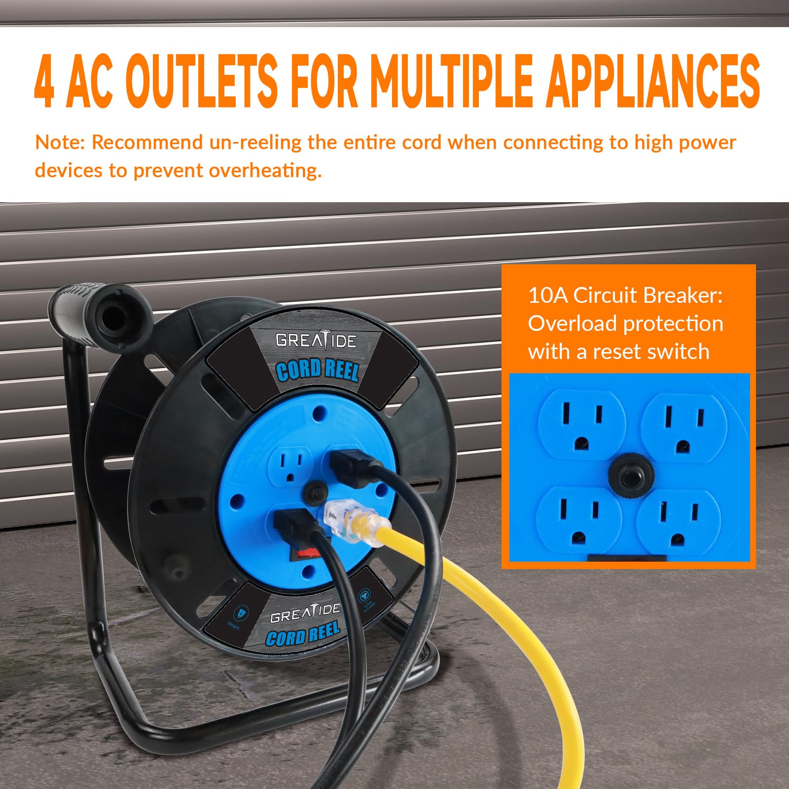 Carrete de almacenamiento de cable de extensión resistente, 4 salidas a tierra, disyuntor de circuito de 10 A, interruptor de alimentación basculante, viento manual retráctil,