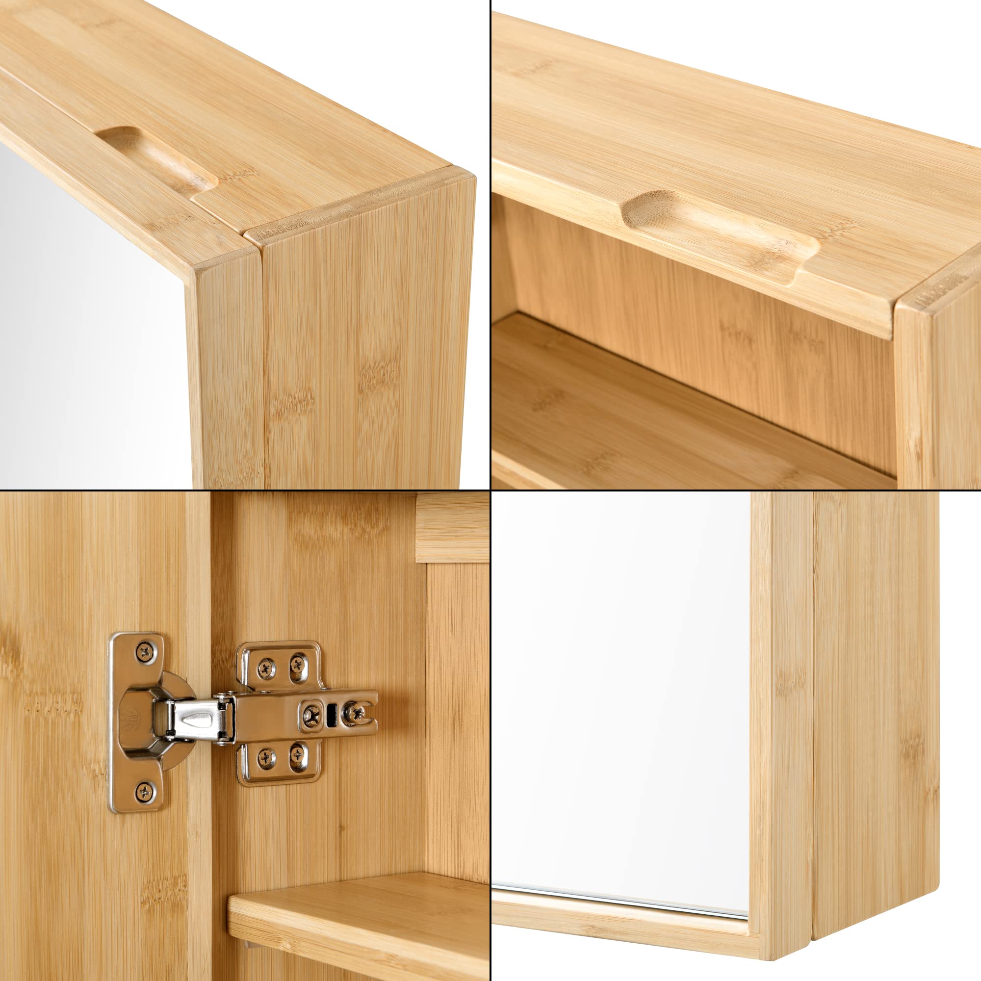 Mueble de Pared para Baño con Espejo y Puerta Armario Colgante con 2 Estantes Ajustables en Altura Auxiliar de Baño Suspendido Bambú 61 x 35 x 14 cm Natural