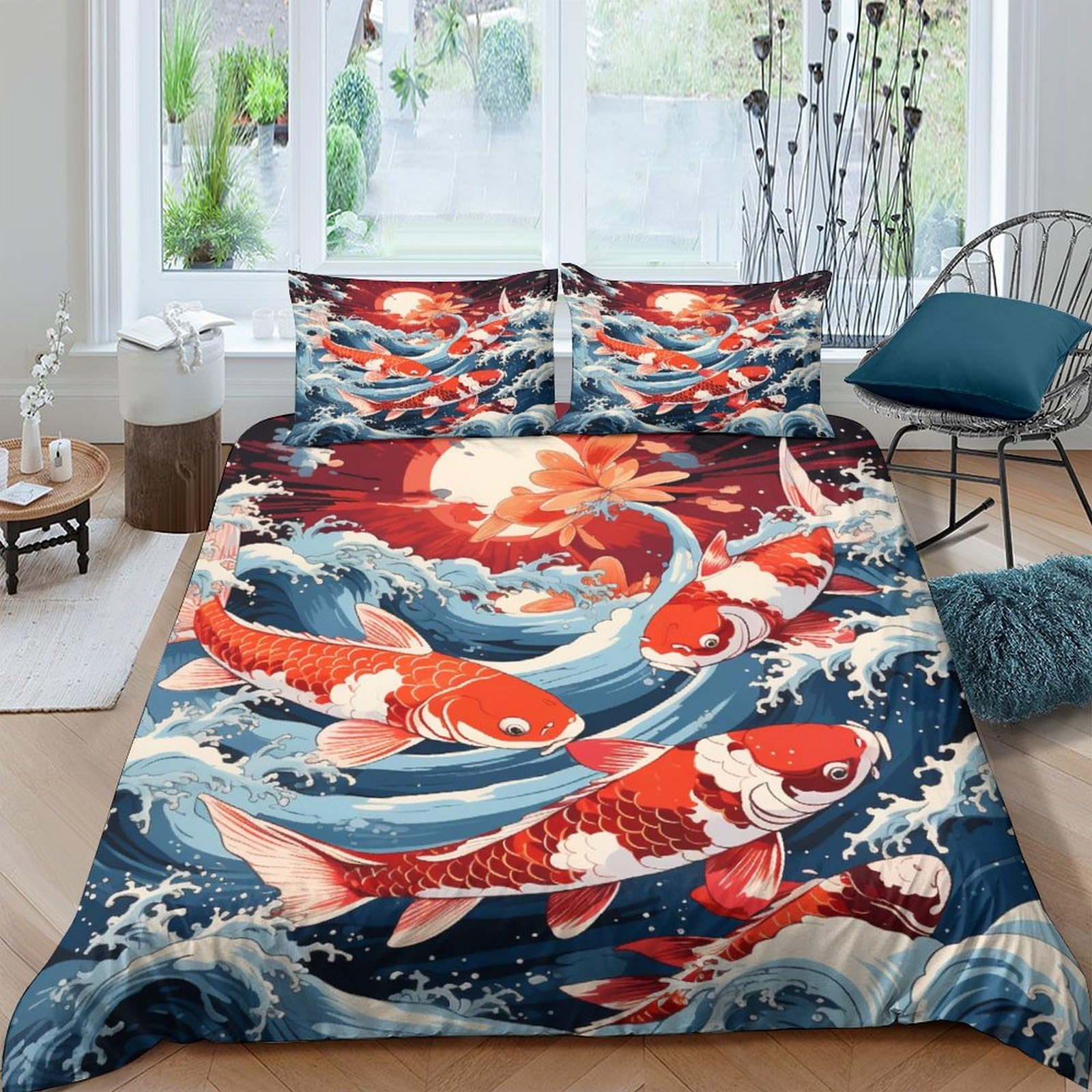 Housse de couette 3D carpe koi hypoallergénique au fini lisse