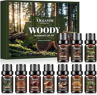 Woody Essential Oils Gift Set, 10x５ML Premium Wood Fragrance Oil　for Candle & Soap Making, Diffuser, Sandalwood, Teakwood, Forest Pine, Cedarwood, Cypress and Frankincense More Aromatherapy Oils