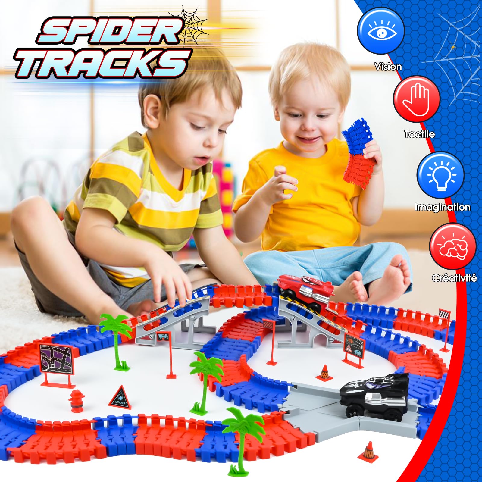 PATEMZON Circuit Voiture Enfant, Spider Railcar, Jouet de Circuit Automobile avec 2 Voitures, 208 PCS de Piste de Course de Voitures, Jouets de Course pour Enfants de 3 4 5 Ans et Plus