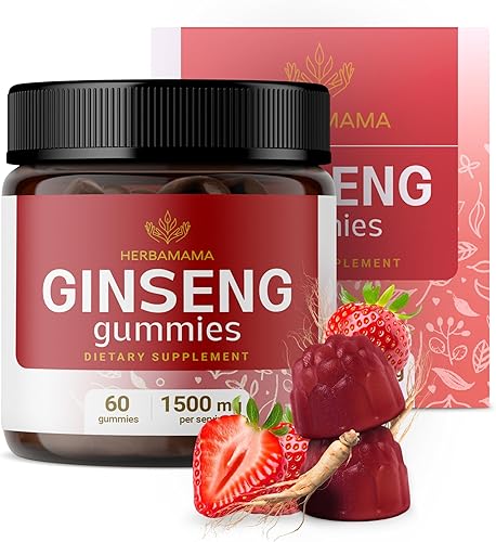 HERBAMAMA Panax Ginseng Gummies – 1500 mg de raíz de ginseng rojo coreano para apoyo energético – Suplemento de apoyo inmunológico Panax rojo