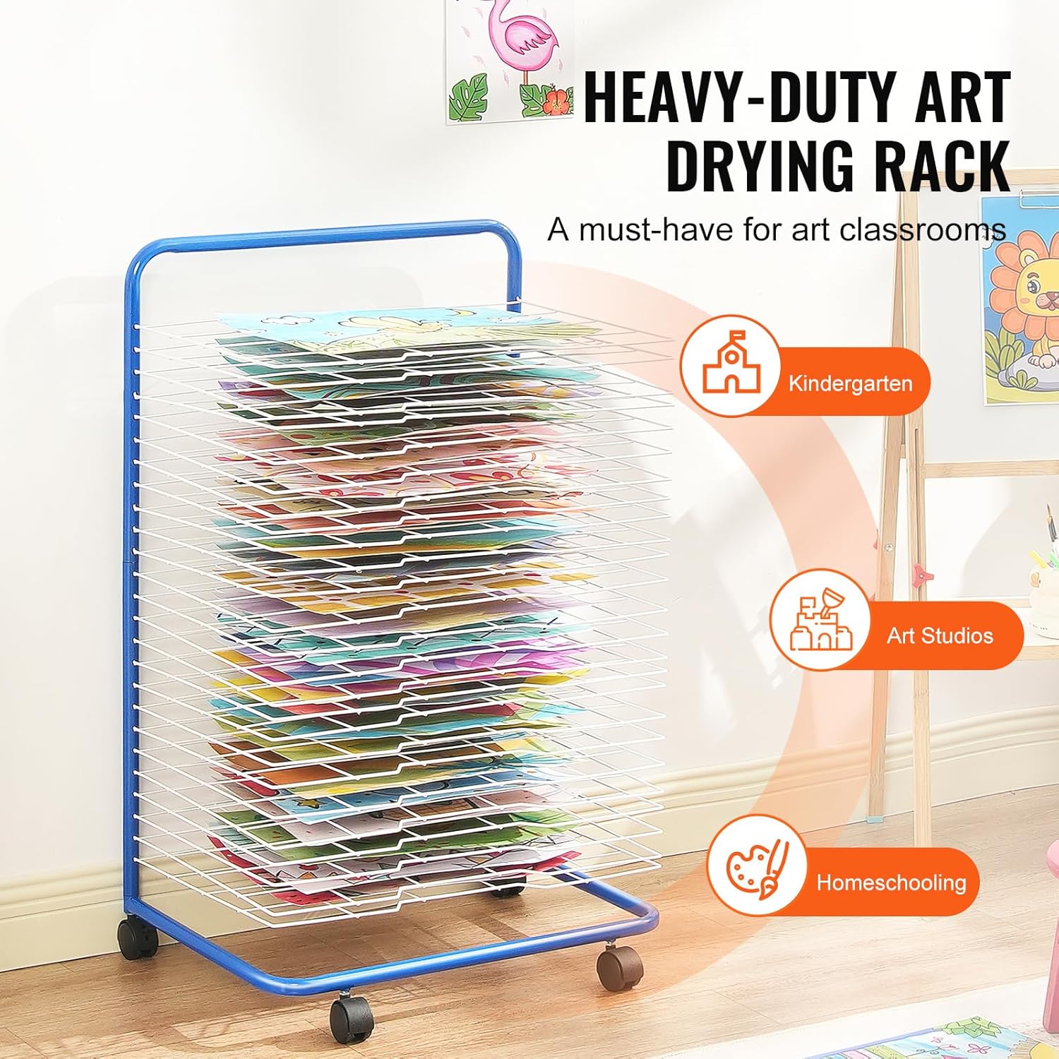 Happybuy Art Drying Rack, 25 Removable Shelves, 23.75x17.5x38 inch, with Wheels, for Classrooms, Studios, Schools, Blue+White