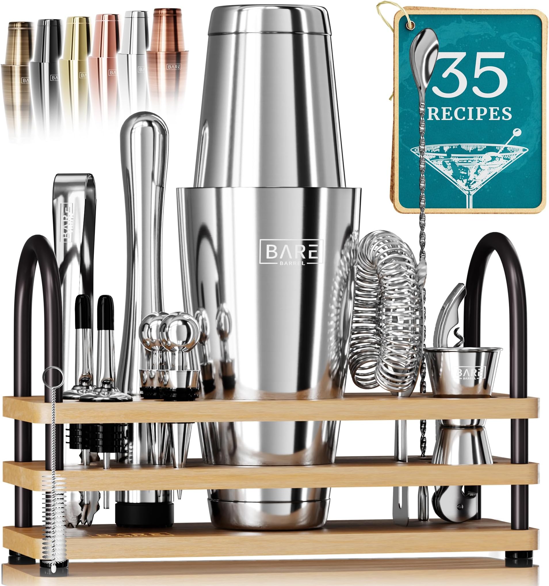 – BARE BARREL® Cocktail Making Kit | 14-Piece Bartender Kit Cocktail Shaker Set Maker | Display Stand & 35 Recipe Cards | Mixology Cocktail Gift Set (800ml/28oz Boston Shaker, Silver/Natural)