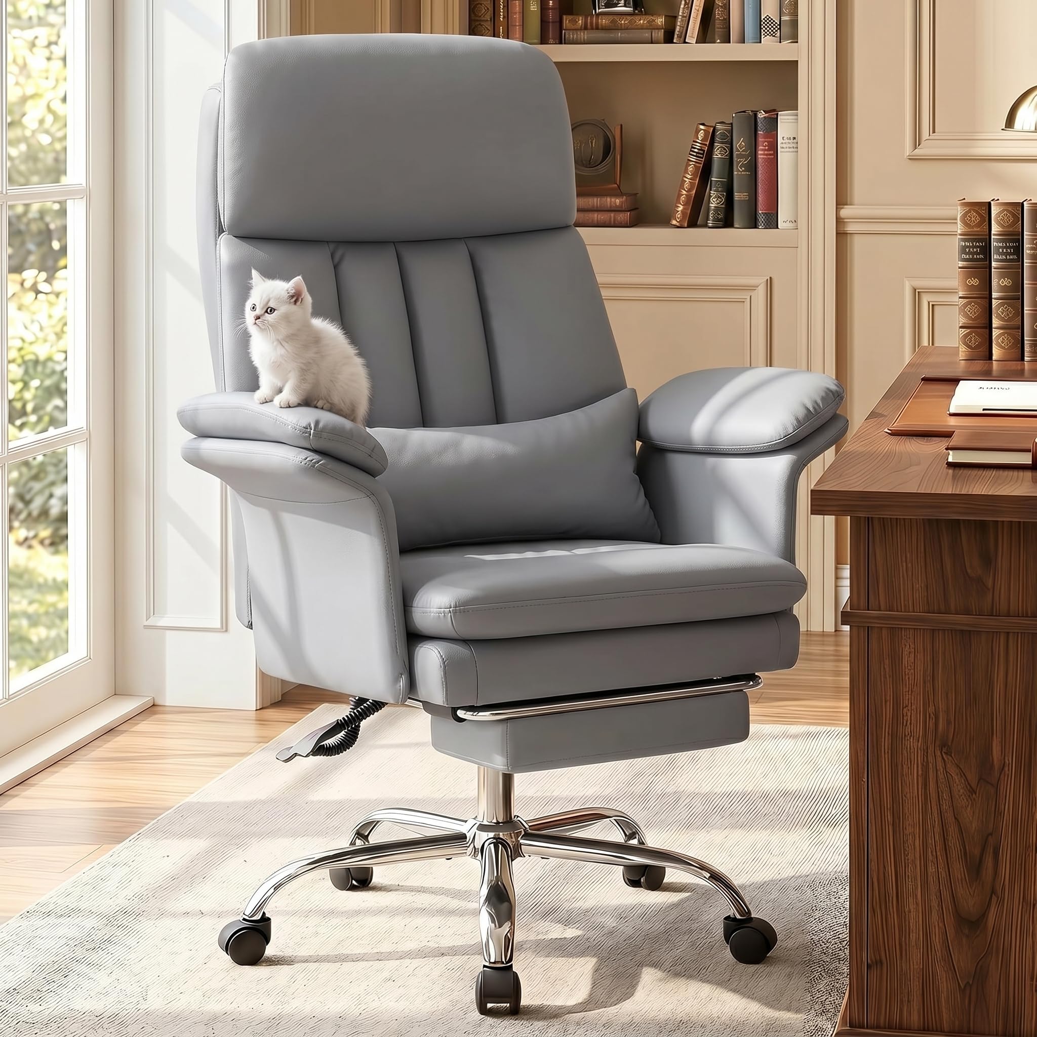 Hellove Bürostuhl mit Fußstütze & Lordosenstütze – Ergonomischer Chefsessel 135° Neigung, Feste Armlehnen, PU-Leder, Höhenverstellbar bis 200 kg für Homeoffice, Grau