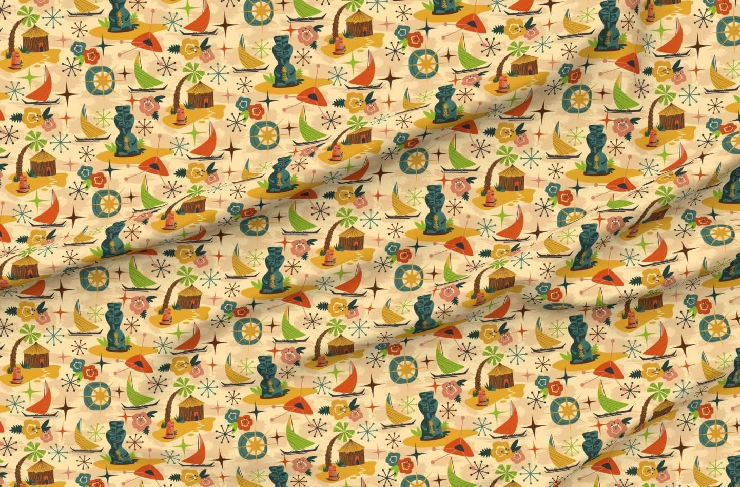 Spoonflower Fabric - Mid Mod Tiki Century Modern Island Atomic Retro Head Hawaiian Village Printed on Organic Cotton Sateen Fabric by The Yard - Sewing Quilting Apparel Home Decor