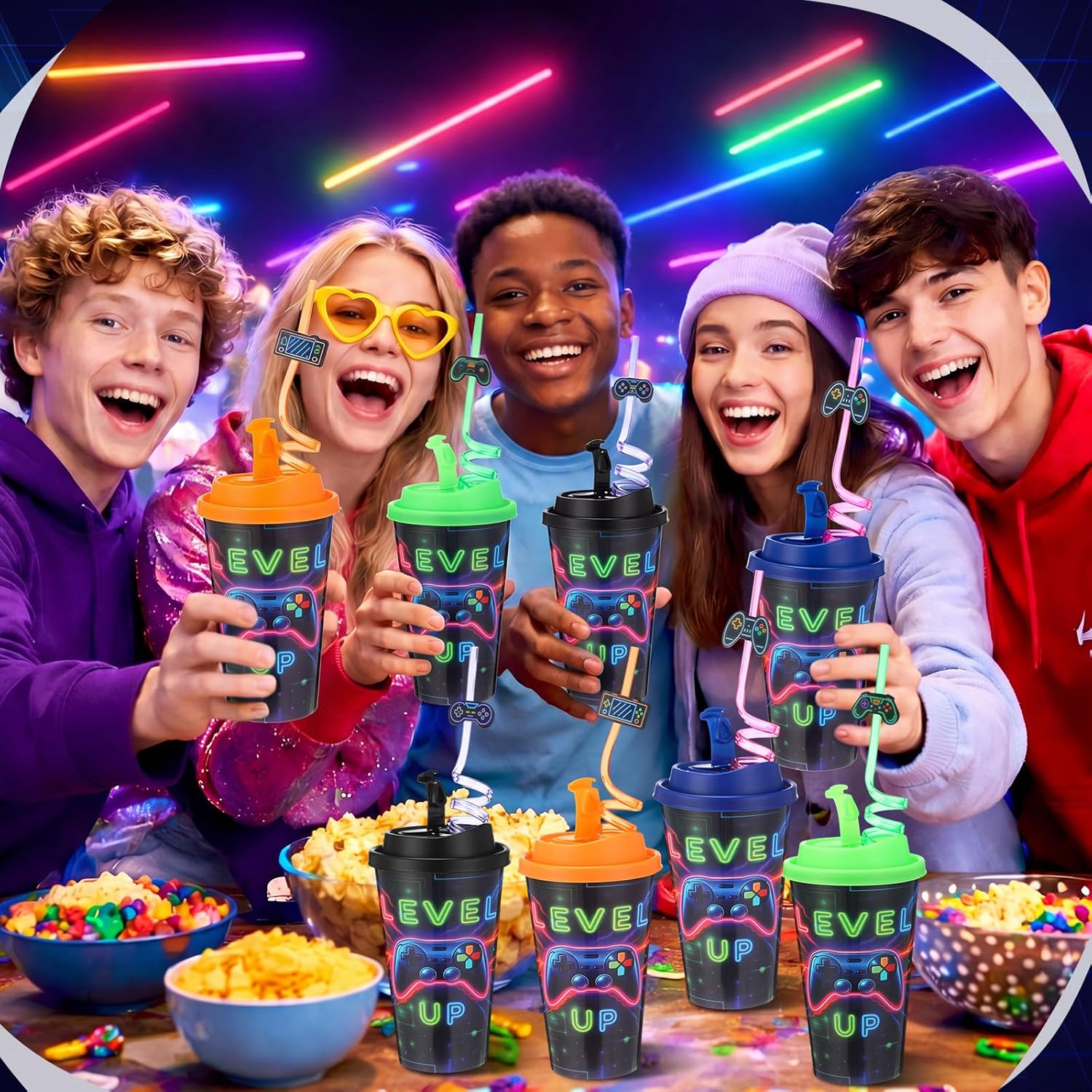 Yungyan 16 Sets Neon Video Game Party Favors Goodie Cups with Lids and Straws for Birthday Decorations Reusable 16oz Plastic Candy Cups Plastic Straws for Birthday Party (Neon Video Game)