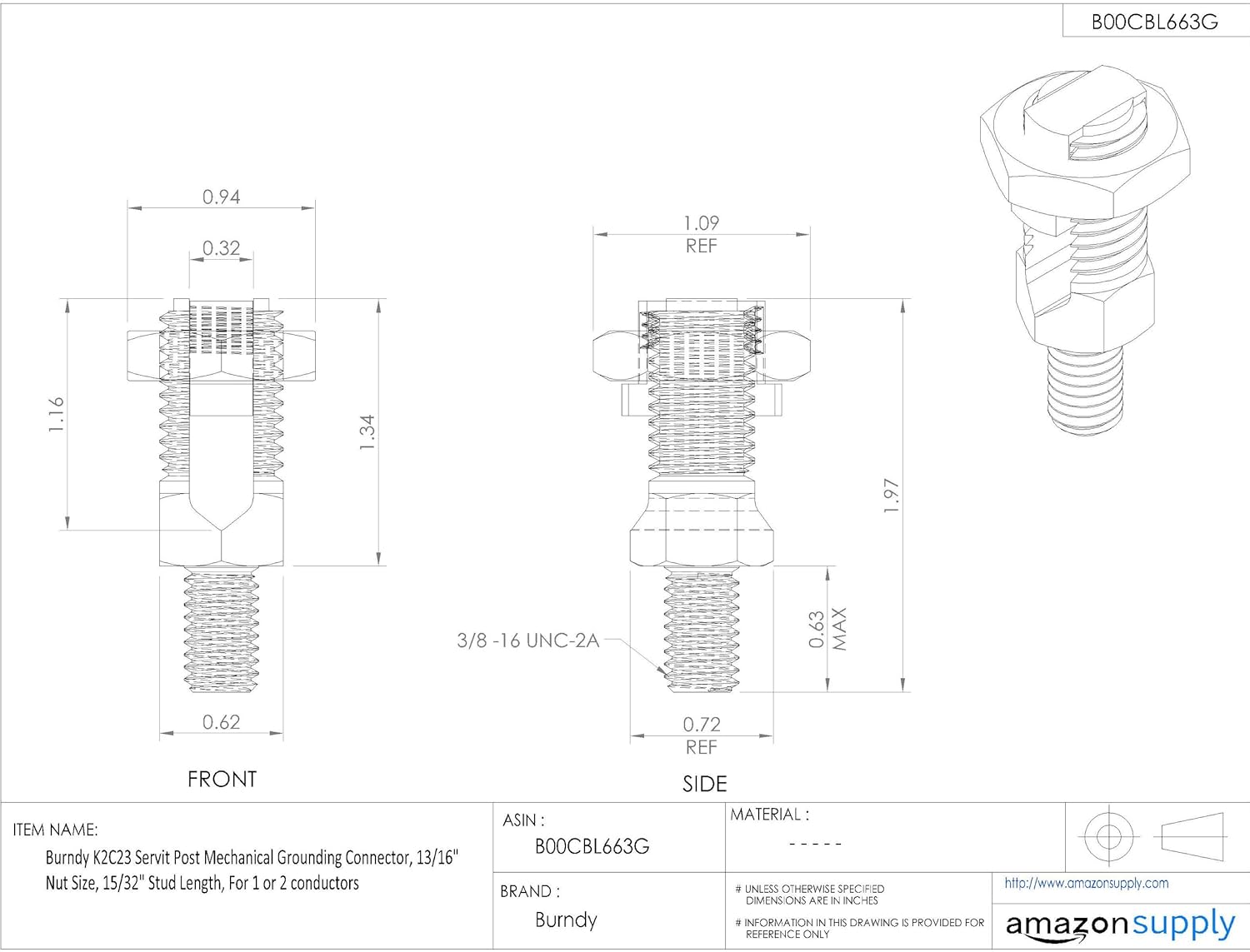 Burndy K2C23 Servit Post Mechanical Grounding Connector, 13/16" Nut Size, 15/32" Stud Length, for 1 or 2 Conductors