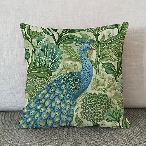 Miniatura 2 de Fundas de almohada chinoiserie azul y verde con flores de pavo real azul, funda de cojín floral de 18 x 18 pulgadas, funda de almohada de animal