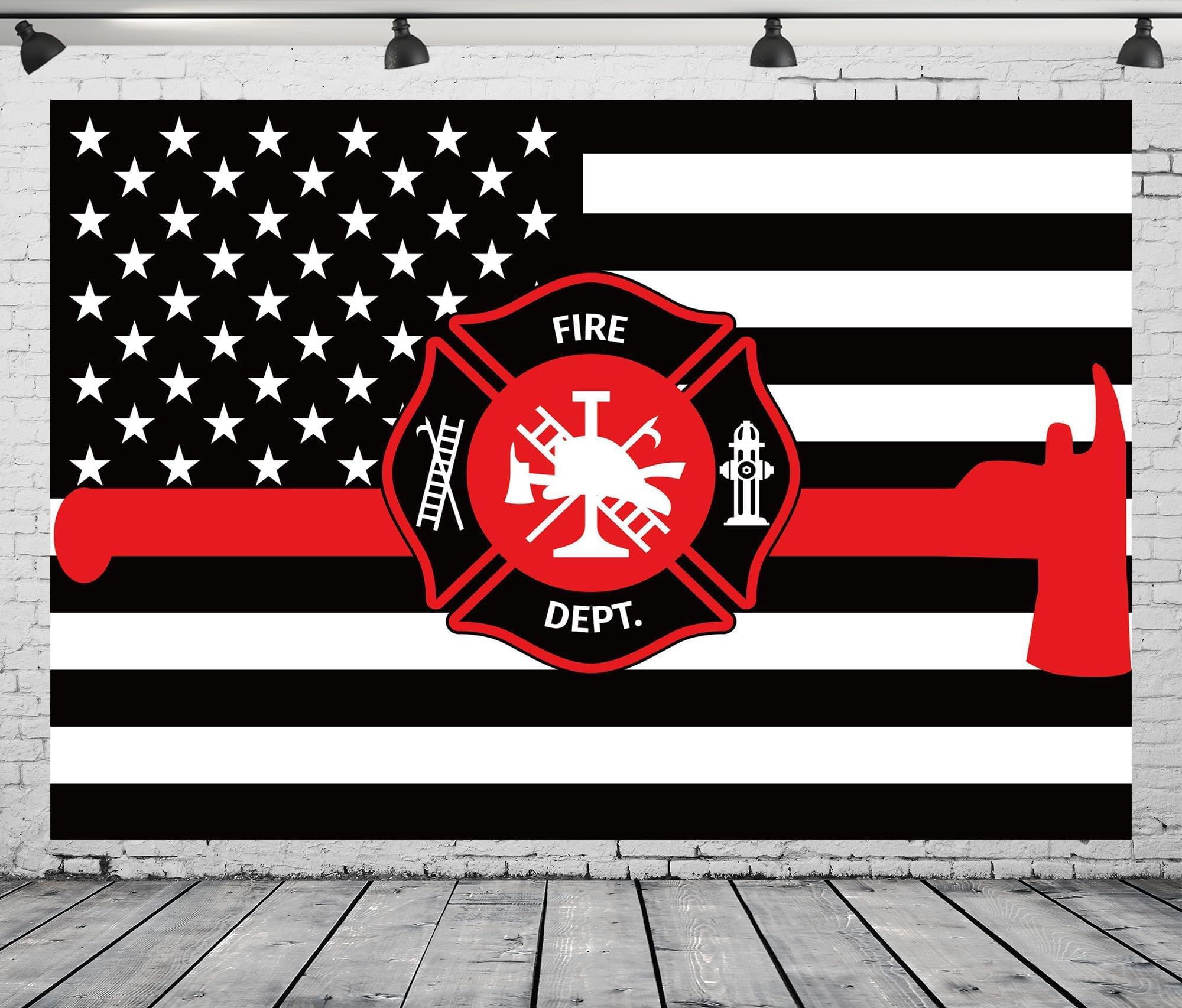 CORFOTO Fabric 7x5ft American Flags Fire Department Backdrop Red Line Firefighters Backdrops for Fire Station Firetruck Birthday Party Decorations