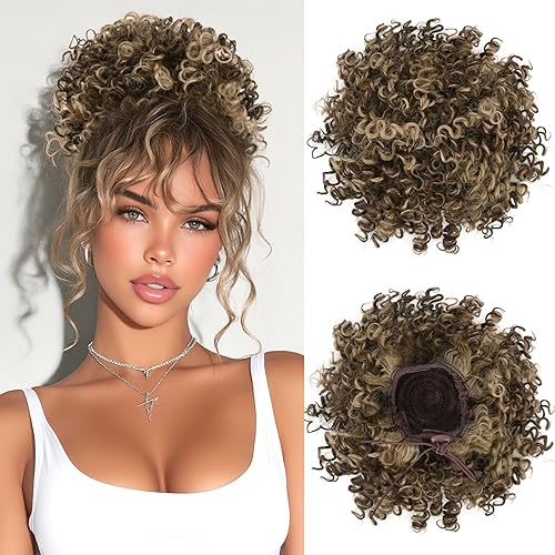 Miniatura 8 de PEACOCO Extension de Moño Despeinado Corto y Rizado con Cordones Elásticos, Piezas de Cabello Sueltas para Mujeres con Cabello Fino, Fibra Sintética